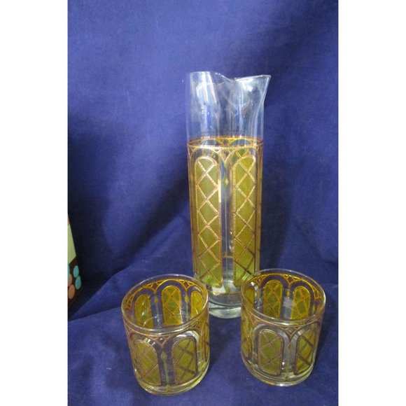 Mid Century Cocktail Martini Drinks Pitcher Set Stained Glass Yellow Gold EUC - Picture 4 of 16